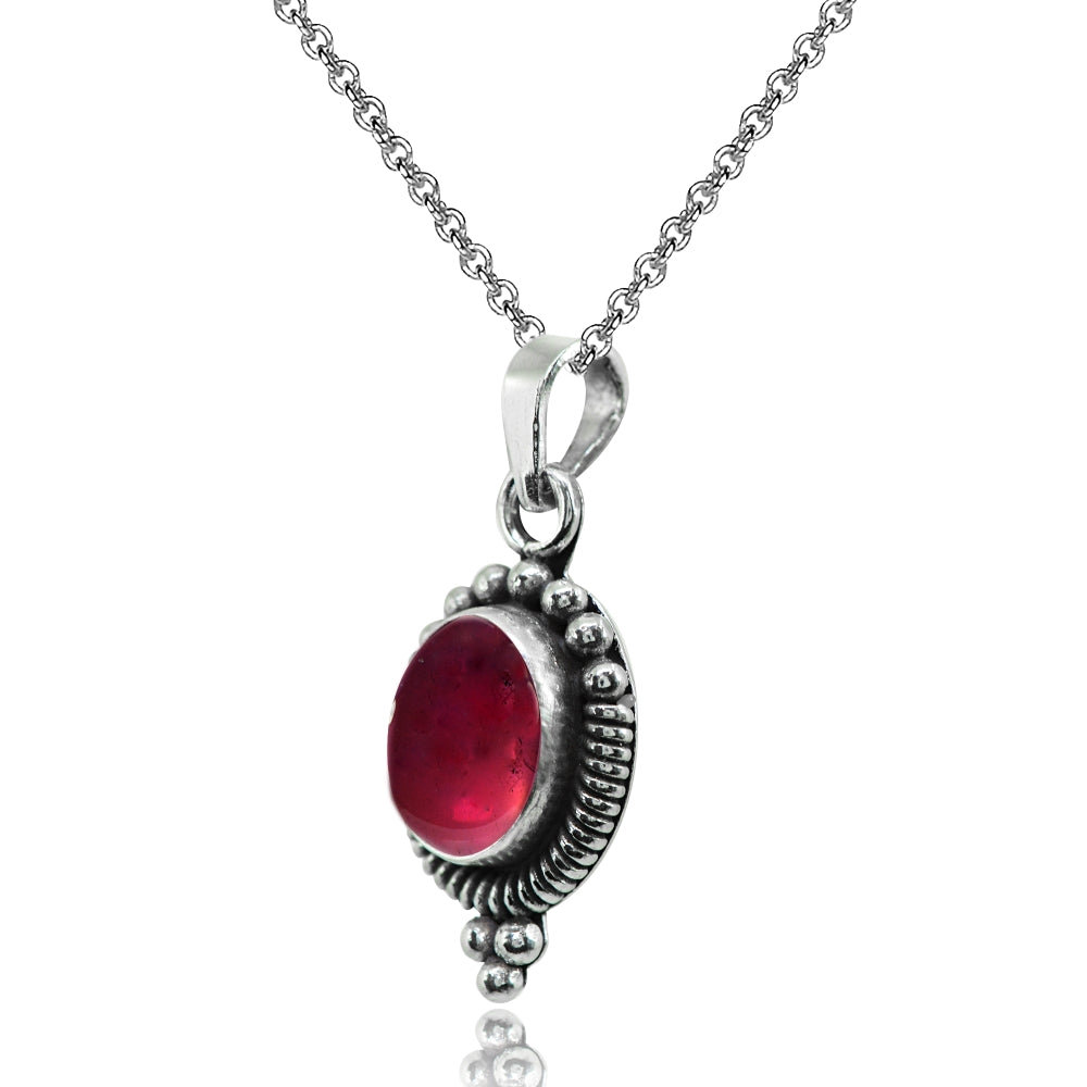Sterling Silver Created Cabochon Garnet Oval Oxidized Dainty Bali Bead Pendant Necklace-2