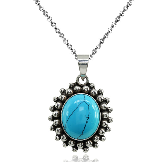 Sterling Silver Created Turquoise Oval Bezel-Set Oxidized Bali Bead Pendant Necklace