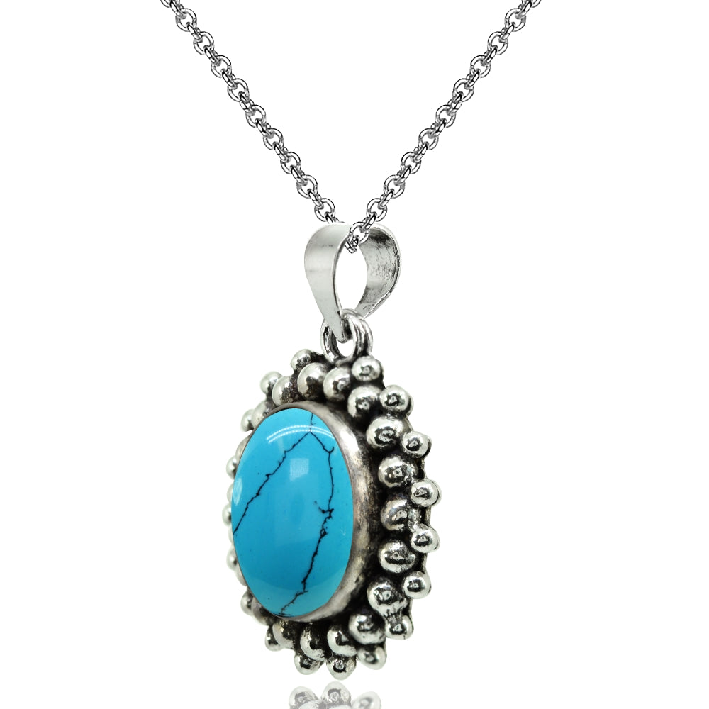 Sterling Silver Created Turquoise Oval Bezel-Set Oxidized Bali Bead Pendant Necklace-2