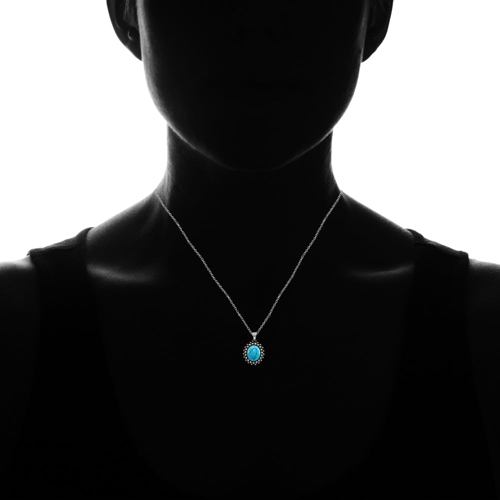 Sterling Silver Created Turquoise Oval Bezel-Set Oxidized Bali Bead Pendant Necklace-3