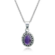 Sterling Silver Created Cabochon Amethyst Oval Thick Oxidized Bali Dainty Pendant Necklace