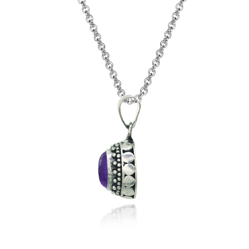 Sterling Silver Created Cabochon Amethyst Oval Thick Oxidized Bali Dainty Pendant Necklace-2