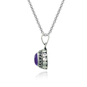 Sterling Silver Created Cabochon Amethyst Oval Thick Oxidized Bali Dainty Pendant Necklace
