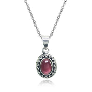Sterling Silver Created Cabochon Garnet Oval Thick Oxidized Bali Dainty Pendant Necklace