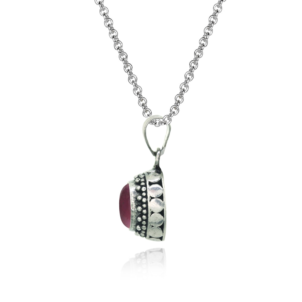 Sterling Silver Created Cabochon Garnet Oval Thick Oxidized Bali Dainty Pendant Necklace-2