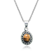 Sterling Silver Created Tiger's Eye Oval Thick Oxidized Bali Dainty Pendant Necklace