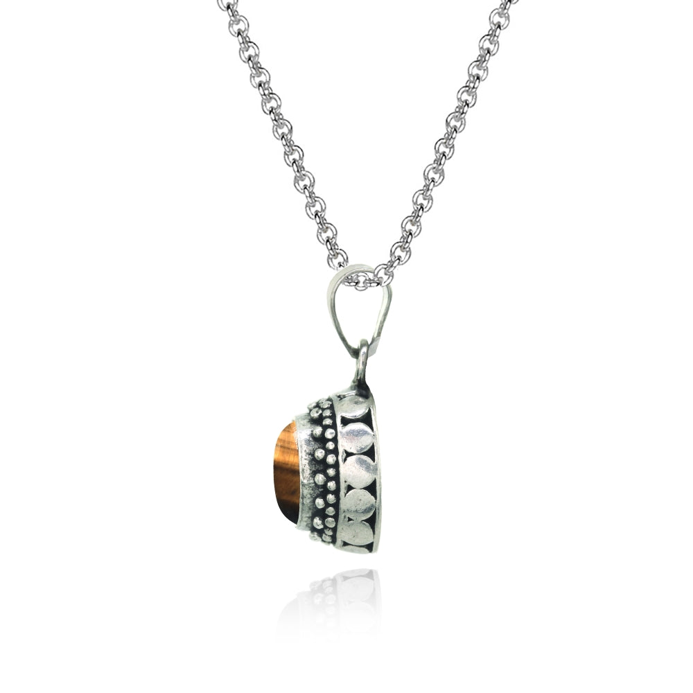 Sterling Silver Created Tiger's Eye Oval Thick Oxidized Bali Dainty Pendant Necklace-2