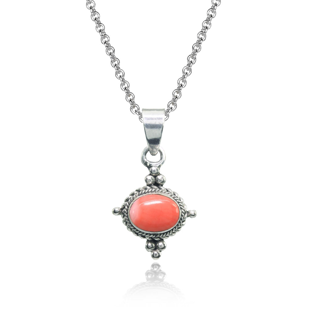 Sterling Silver Created Coral Oval Oxidized Bali Bead Twist Rope Necklace