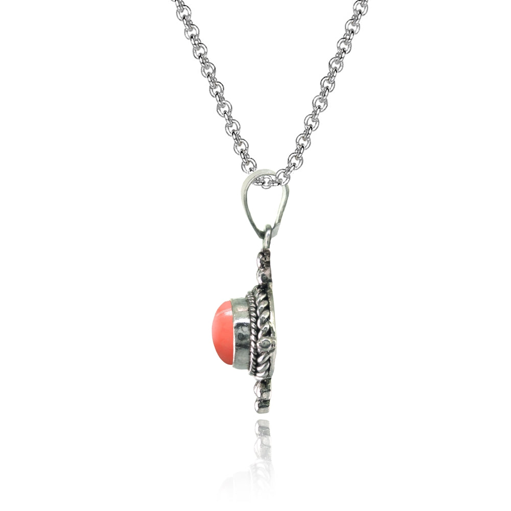Sterling Silver Created Coral Oval Oxidized Bali Bead Twist Rope Necklace-2