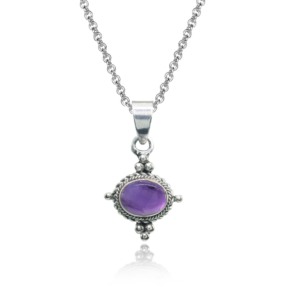 Sterling Silver Created Cabochon Amethyst Oval Oxidized Bali Bead Twist Rope Necklace