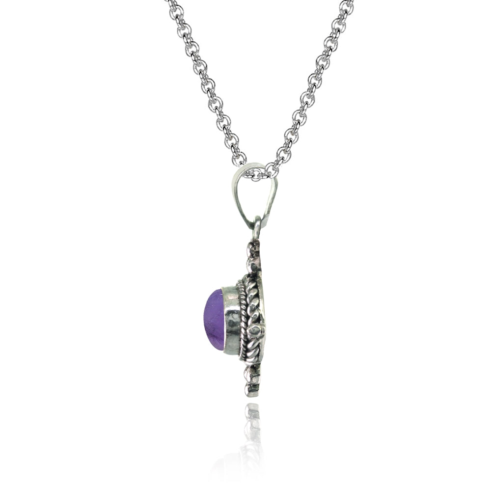 Sterling Silver Created Cabochon Amethyst Oval Oxidized Bali Bead Twist Rope Necklace-2