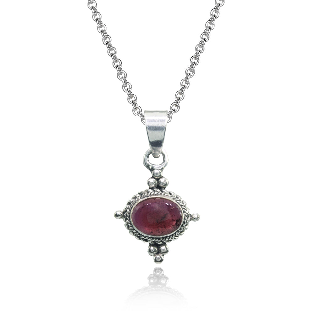 Sterling Silver Created Cabochon Garnet Oval Oxidized Bali Bead Twist Rope Necklace