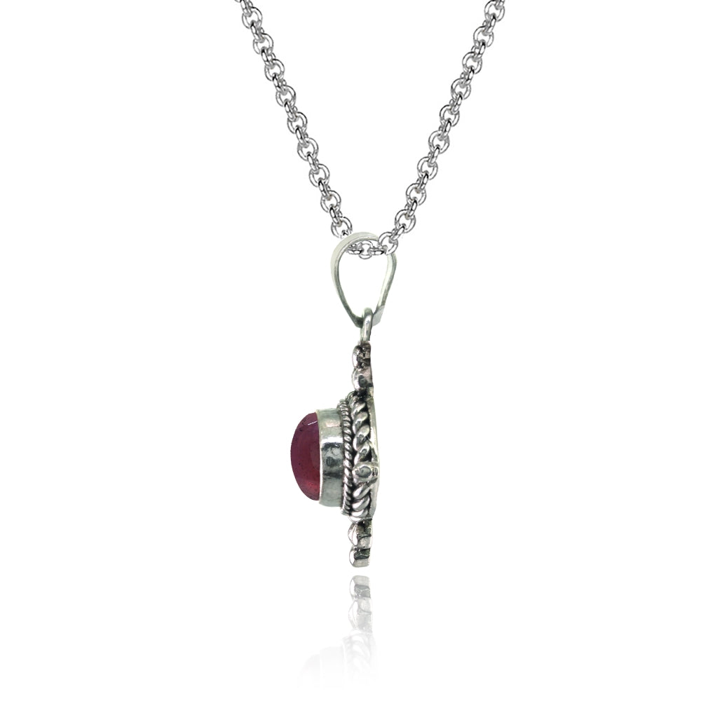 Sterling Silver Created Cabochon Garnet Oval Oxidized Bali Bead Twist Rope Necklace-2