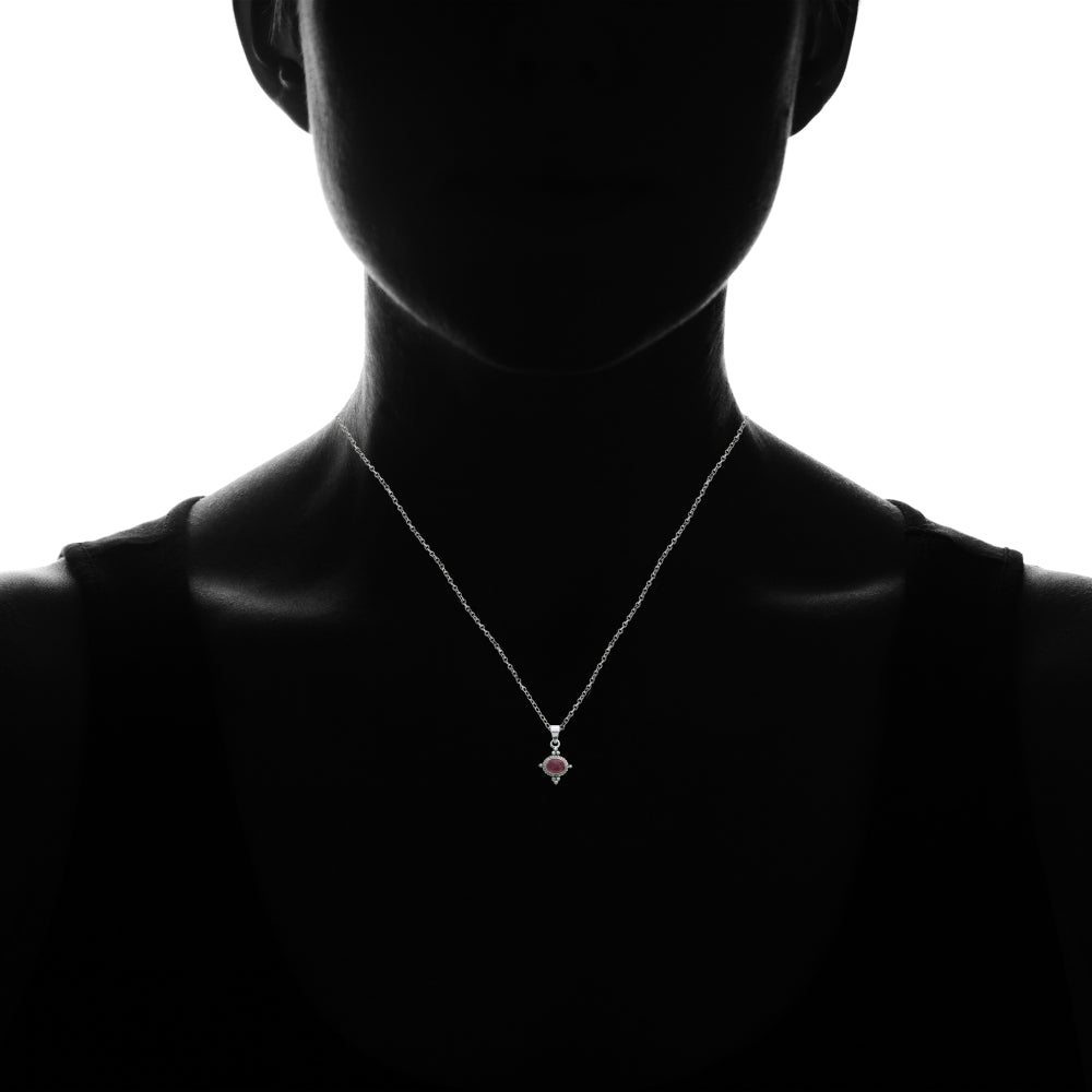 Sterling Silver Created Cabochon Garnet Oval Oxidized Bali Bead Twist Rope Necklace-3