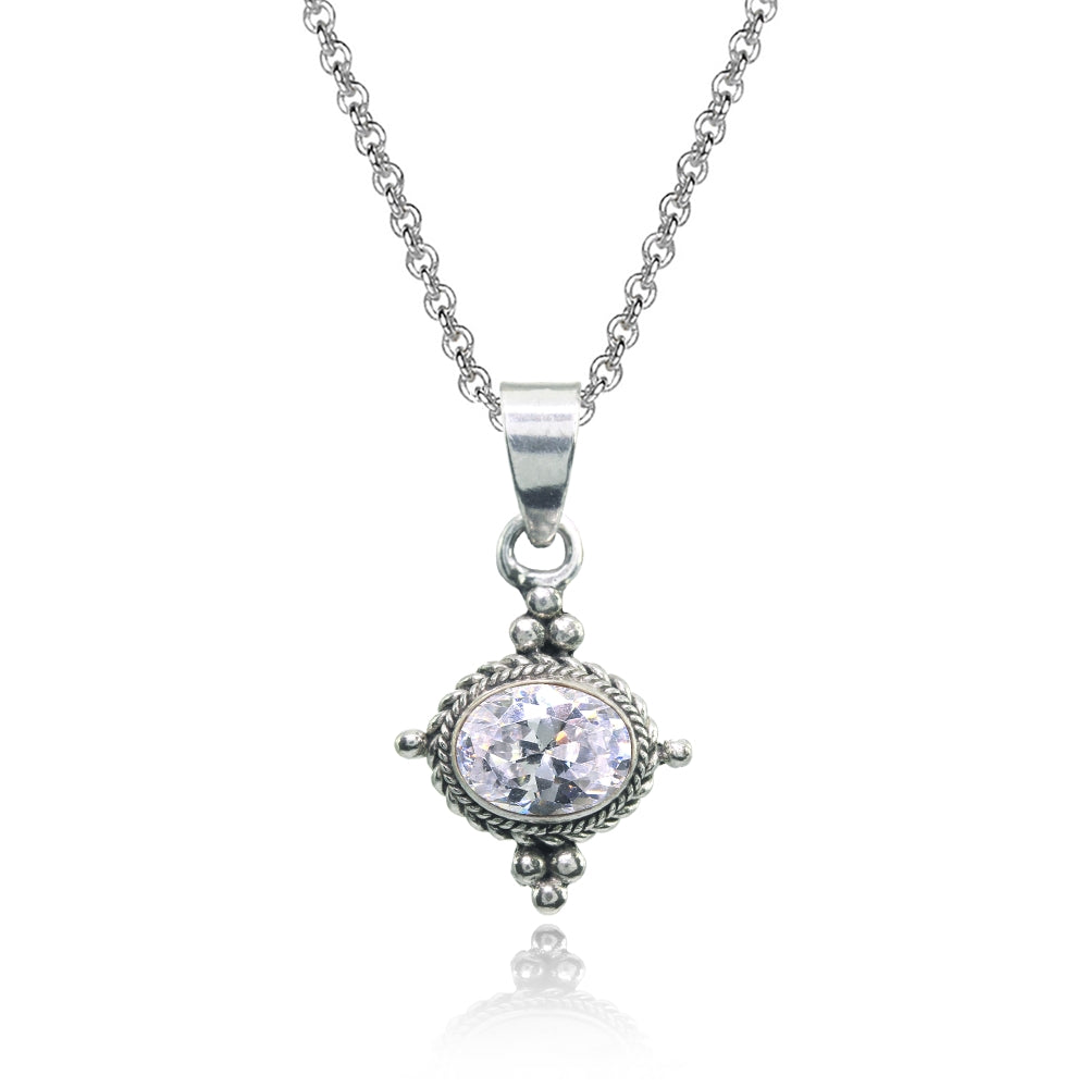 Sterling Silver Cubic Zirconia Oval Oxidized Bali Bead Twist Rope Necklace
