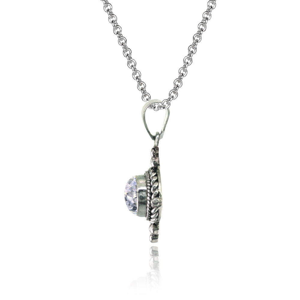 Sterling Silver Cubic Zirconia Oval Oxidized Bali Bead Twist Rope Necklace-2