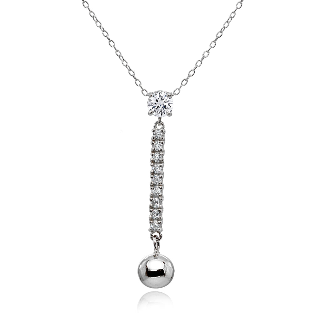 Sterling Silver Cubic Zirconia Round Long Dangling Bar Bead Drop Necklace