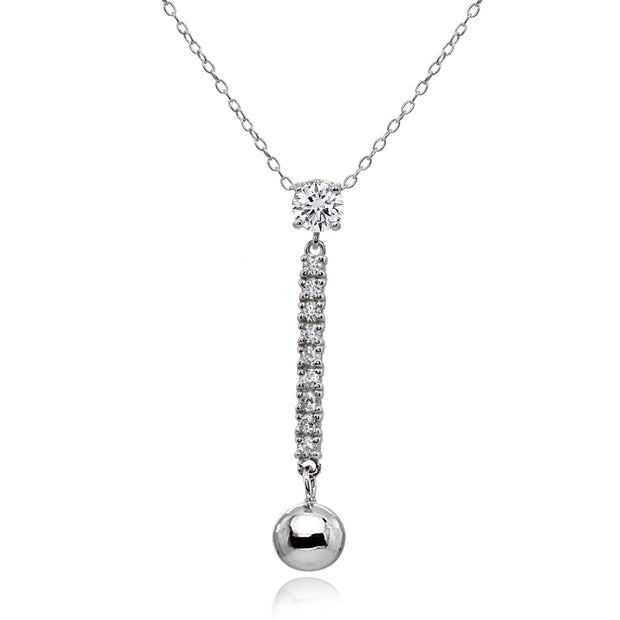 Sterling Silver Cubic Zirconia Round Long Dangling Bar Bead Drop Necklace