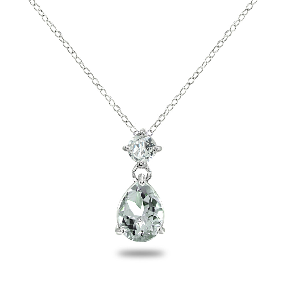 Sterling Silver Light Aqumarine & White Topaz 9x7mm Teardrop Slide Dangling Necklace