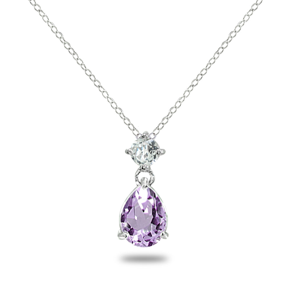 Sterling Silver Amethyst & White Topaz 9x7mm Teardrop Slide Dangling Necklace