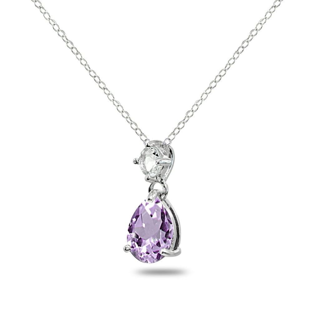Sterling Silver Amethyst & White Topaz 9x7mm Teardrop Slide Dangling Necklace-2