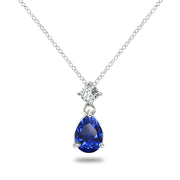Sterling Silver Created Blue Sapphire & White Topaz 9x7mm Teardrop Slide Dangling Necklace