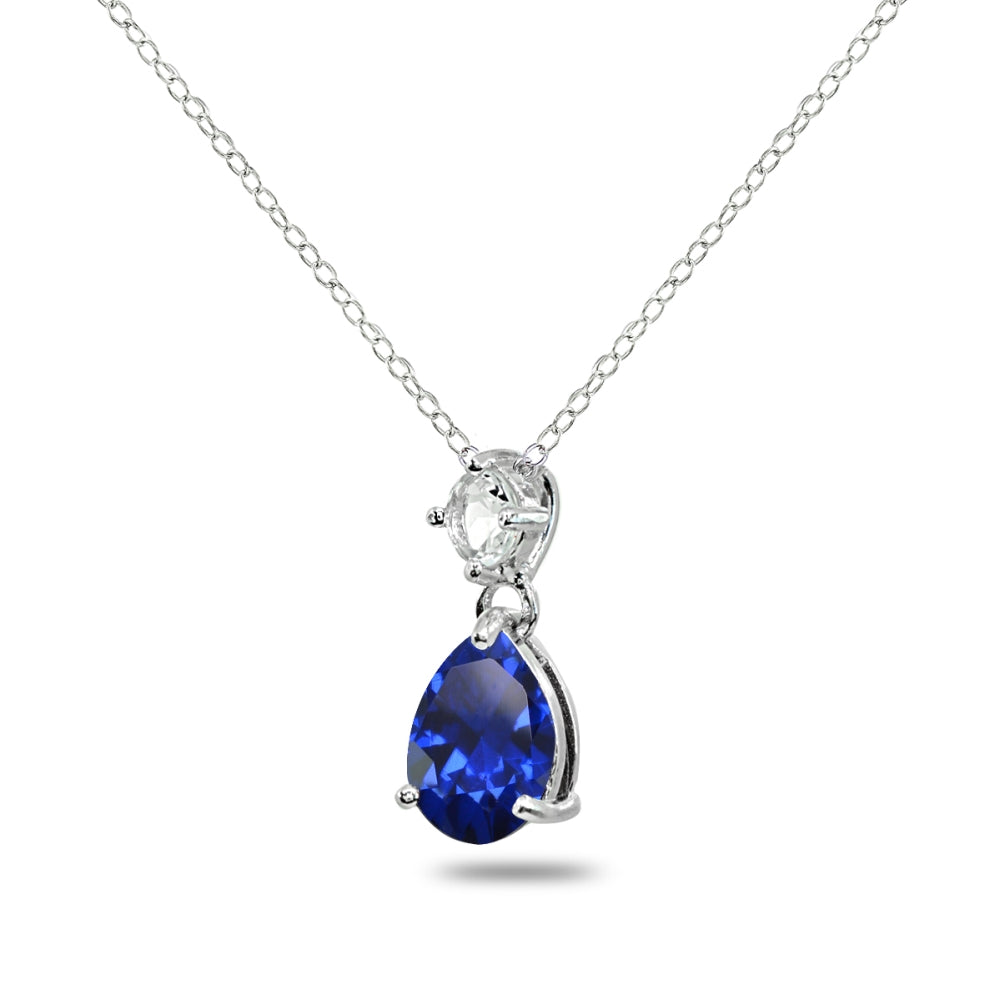 Sterling Silver Created Blue Sapphire & White Topaz 9x7mm Teardrop Slide Dangling Necklace-2