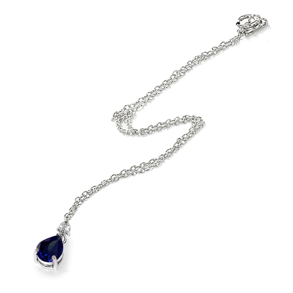 Sterling Silver Created Blue Sapphire & White Topaz 9x7mm Teardrop Slide Dangling Necklace-3
