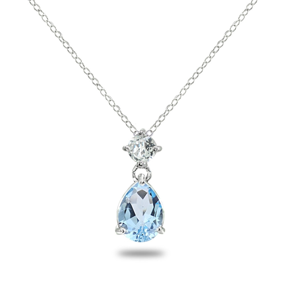 Sterling Silver Blue & White Topaz 9x7mm Teardrop Slide Dangling Necklace