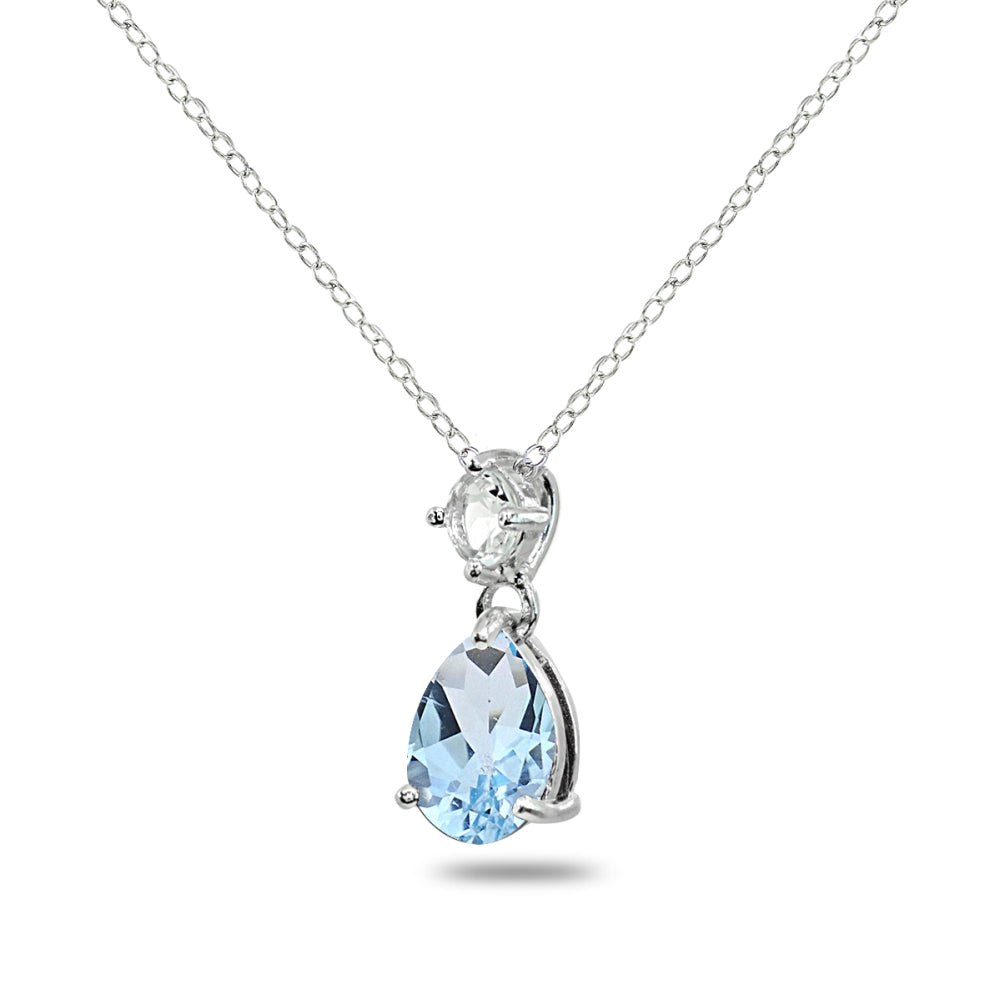 Sterling Silver Blue & White Topaz 9x7mm Teardrop Slide Dangling Necklace-2