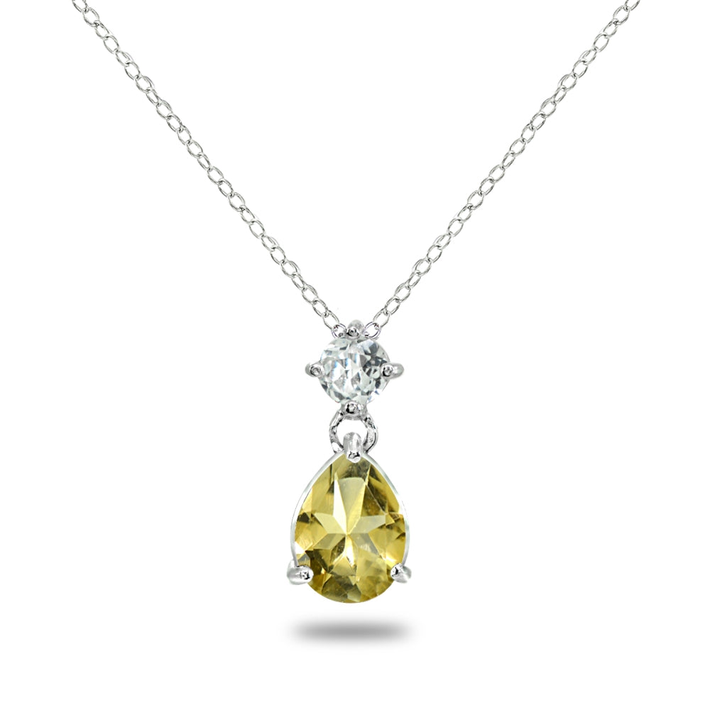 Sterling Silver Citrine & White Topaz 9x7mm Teardrop Slide Dangling Necklace