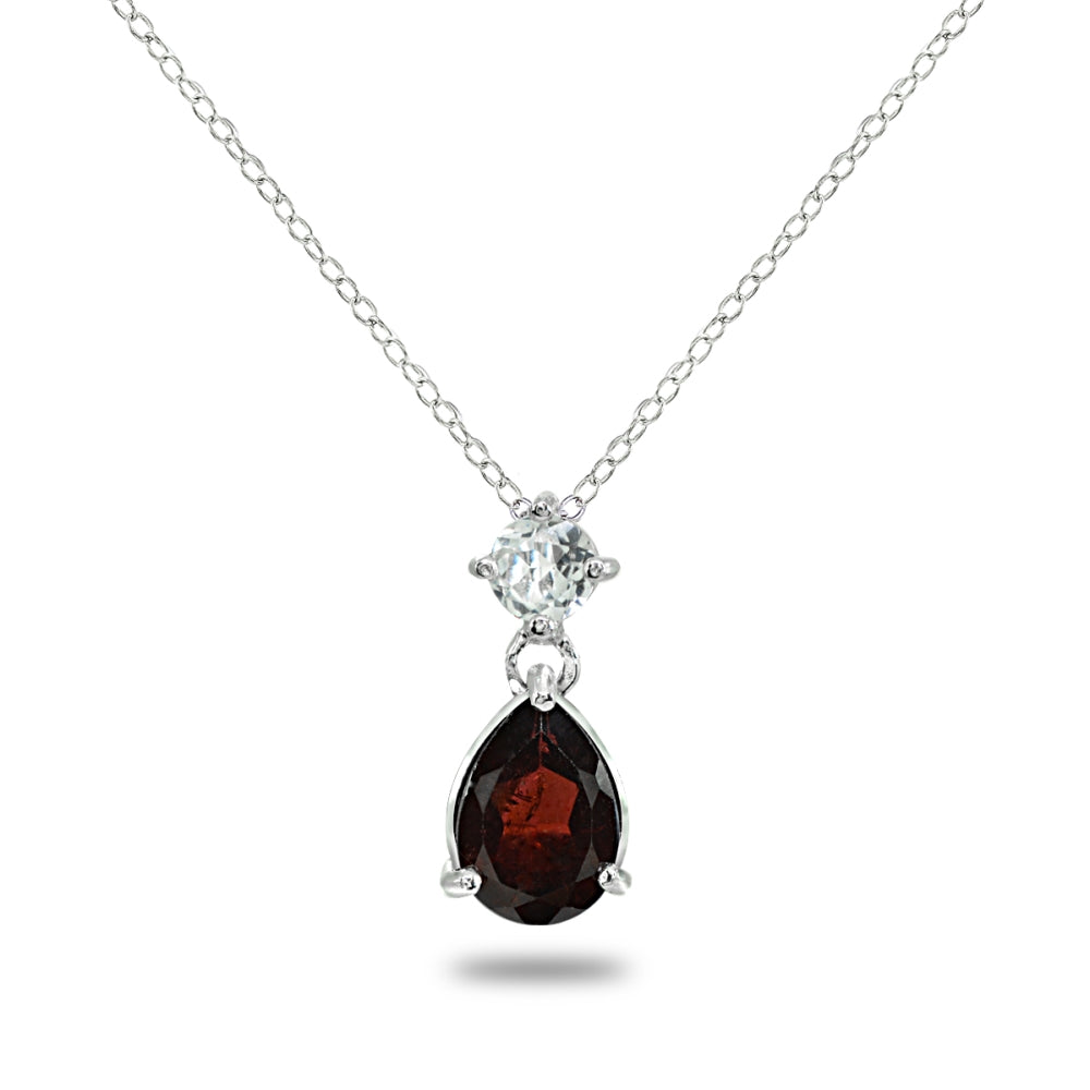 Sterling Silver Garnet & White Topaz 9x7mm Teardrop Slide Dangling Necklace