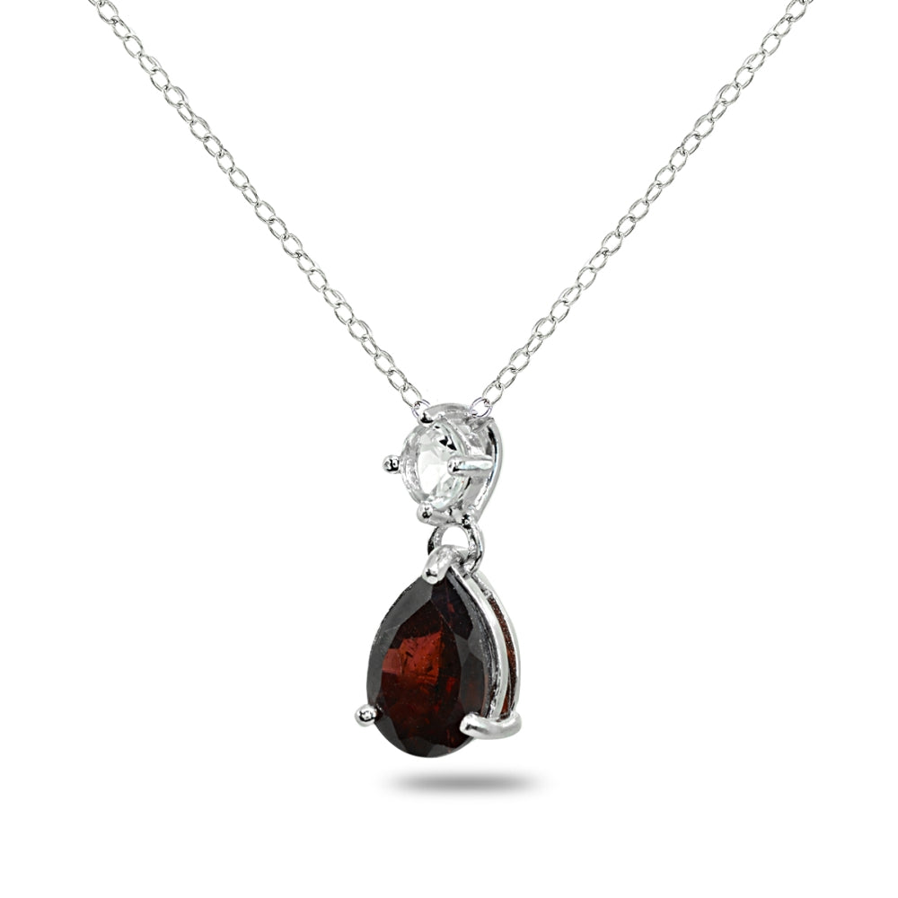 Sterling Silver Garnet & White Topaz 9x7mm Teardrop Slide Dangling Necklace-2