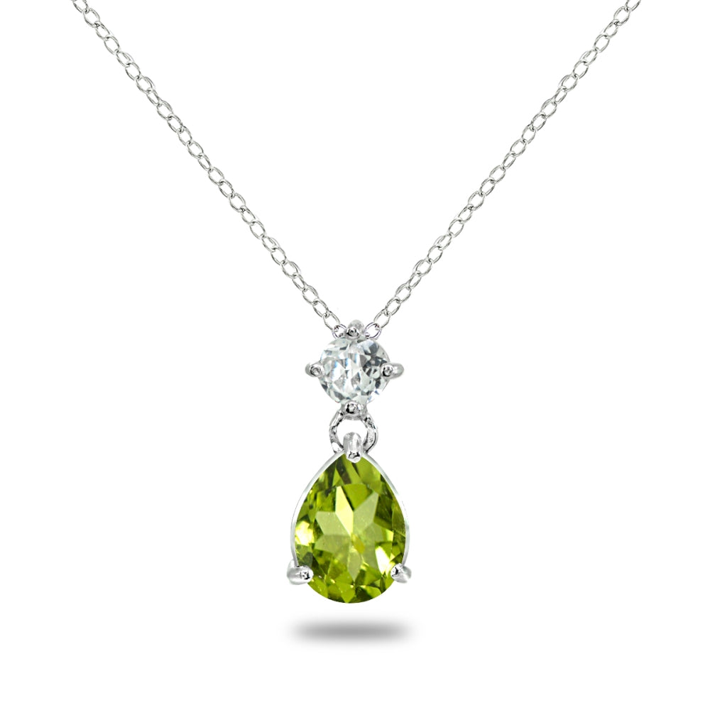 Sterling Silver Peridot & White Topaz 9x7mm Teardrop Slide Dangling Necklace