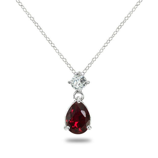 Sterling Silver Created Ruby & White Topaz 9x7mm Teardrop Slide Dangling Necklace