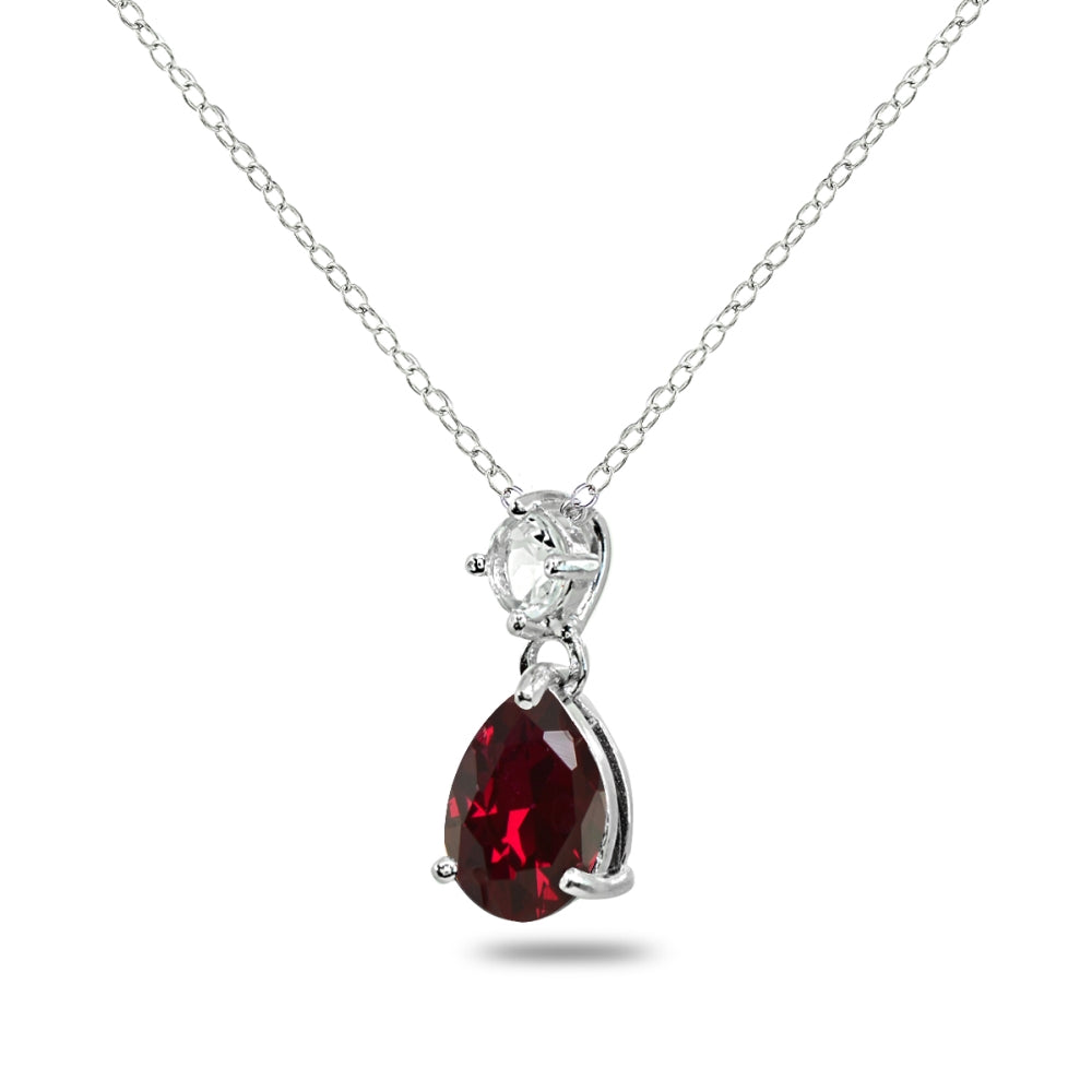 Sterling Silver Created Ruby & White Topaz 9x7mm Teardrop Slide Dangling Necklace-2