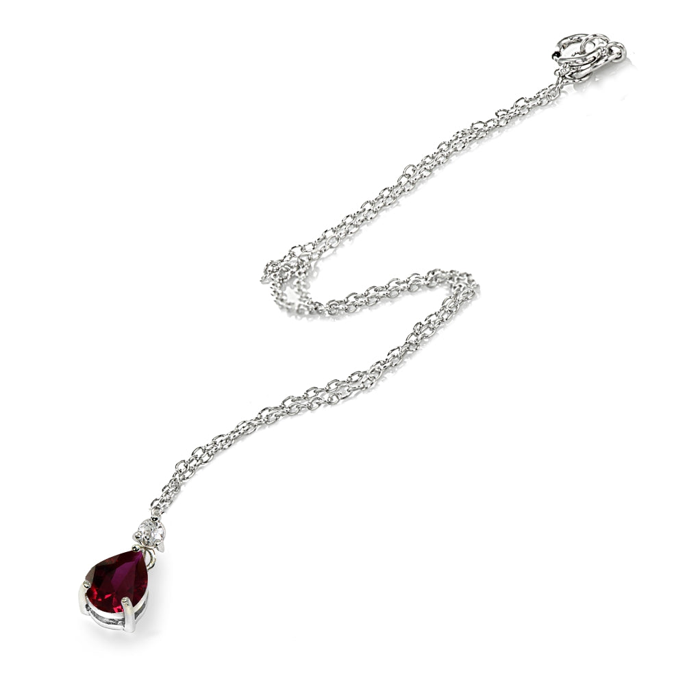 Sterling Silver Created Ruby & White Topaz 9x7mm Teardrop Slide Dangling Necklace-3