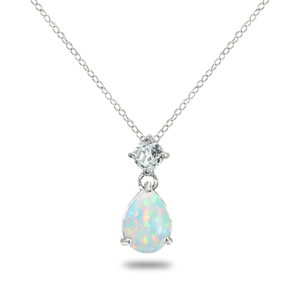 Sterling Silver Created White Opal & Topaz 9x7mm Teardrop Slide Dangling Necklace