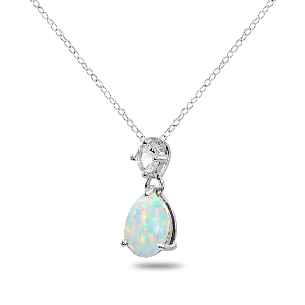 Sterling Silver Created White Opal & Topaz 9x7mm Teardrop Slide Dangling Necklace-2
