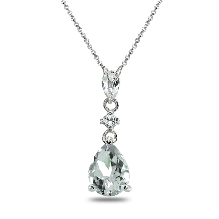 Sterling Silver Light Aquamarine & White Topaz Teardrop Dangling Drop Pendant Necklace