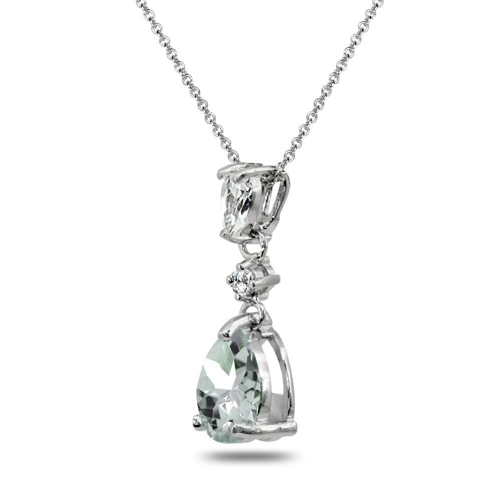 Sterling Silver Light Aquamarine & White Topaz Teardrop Dangling Drop Pendant Necklace-2