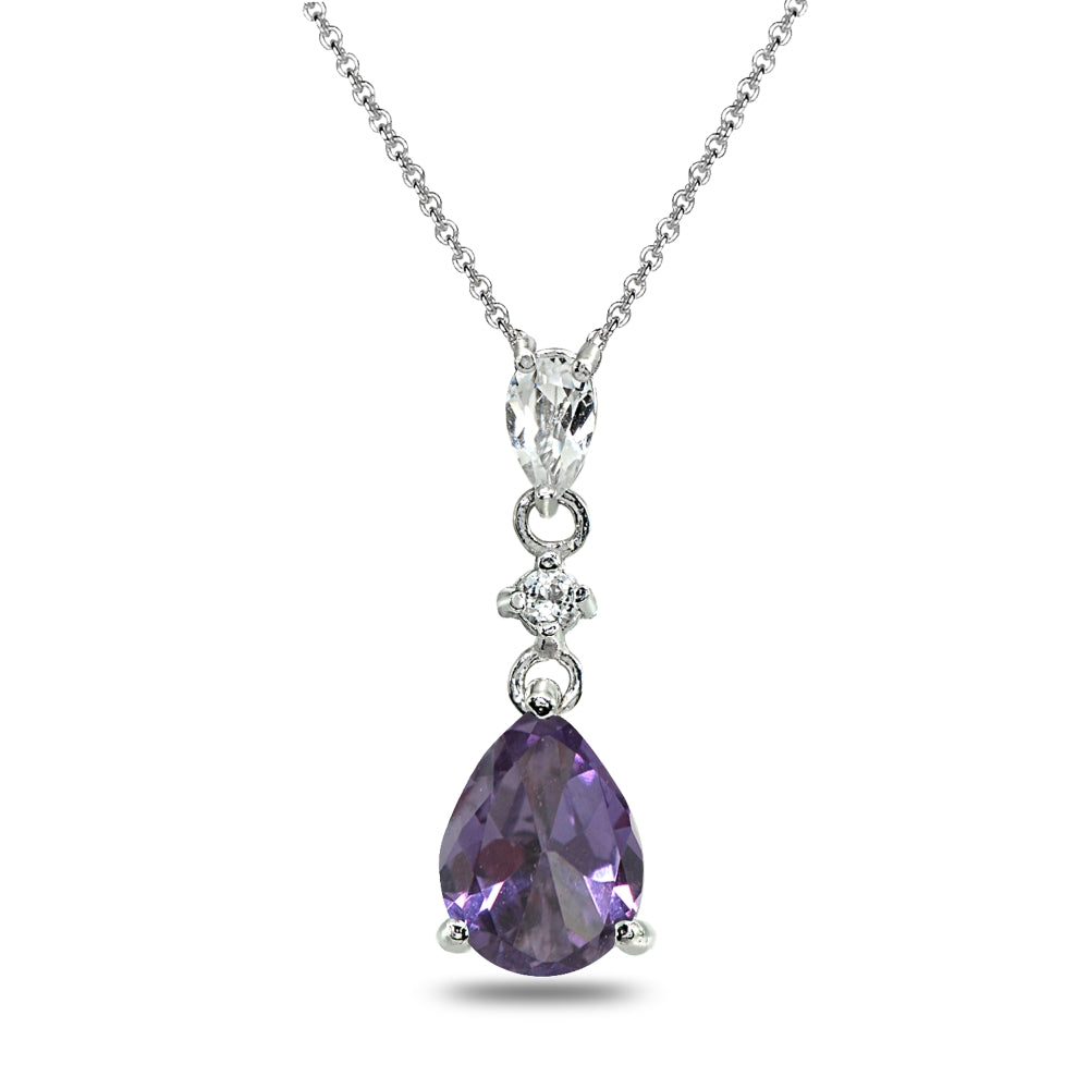 Sterling Silver Created Alexandrite & White Topaz Teardrop Dangling Drop Pendant Necklace