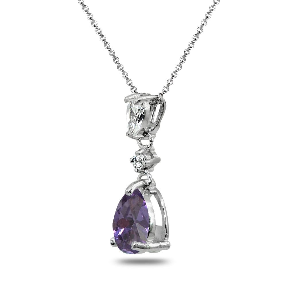 Sterling Silver Created Alexandrite & White Topaz Teardrop Dangling Drop Pendant Necklace-2