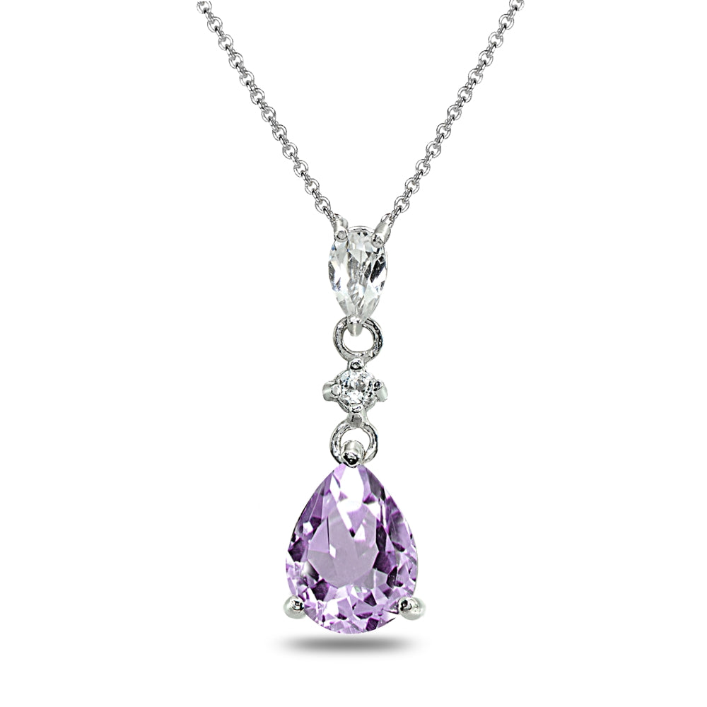 Sterling Silver Amethyst & White Topaz Teardrop Dangling Drop Pendant Necklace