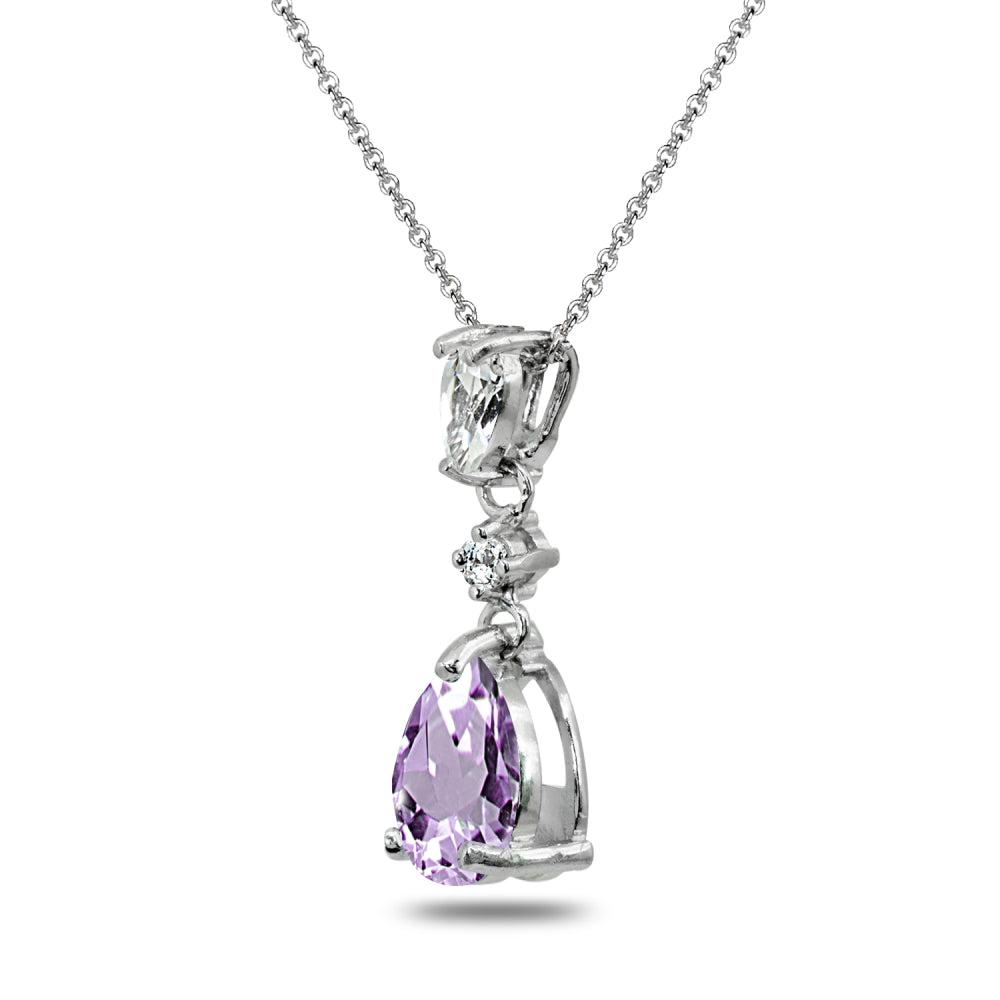 Sterling Silver Amethyst & White Topaz Teardrop Dangling Drop Pendant Necklace-2