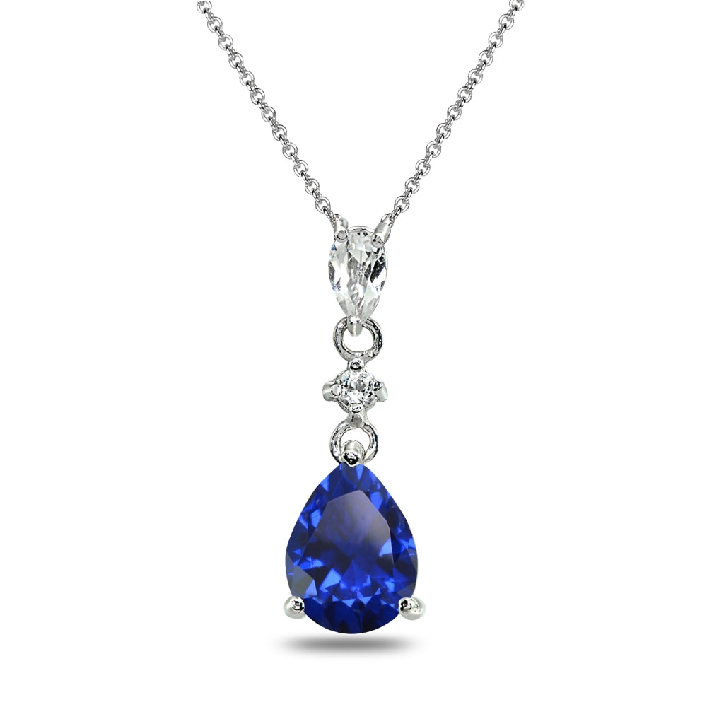 Sterling Silver Created Blue Sapphire & White Topaz Teardrop Dangling Drop Pendant Necklace