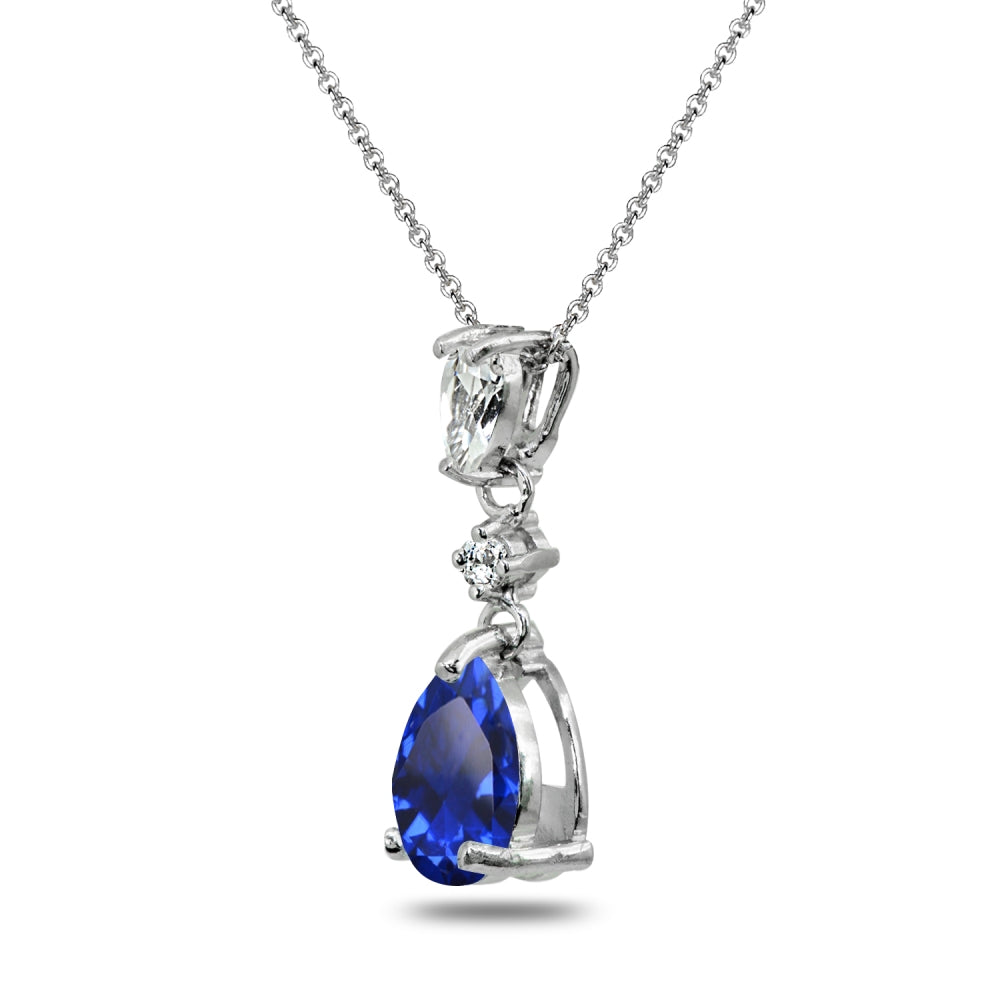 Sterling Silver Created Blue Sapphire & White Topaz Teardrop Dangling Drop Pendant Necklace-2