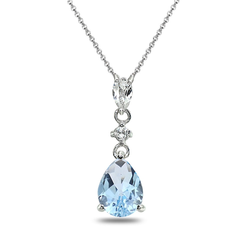 Sterling Silver Blue Topaz & White Topaz Teardrop Dangling Drop Pendant Necklace