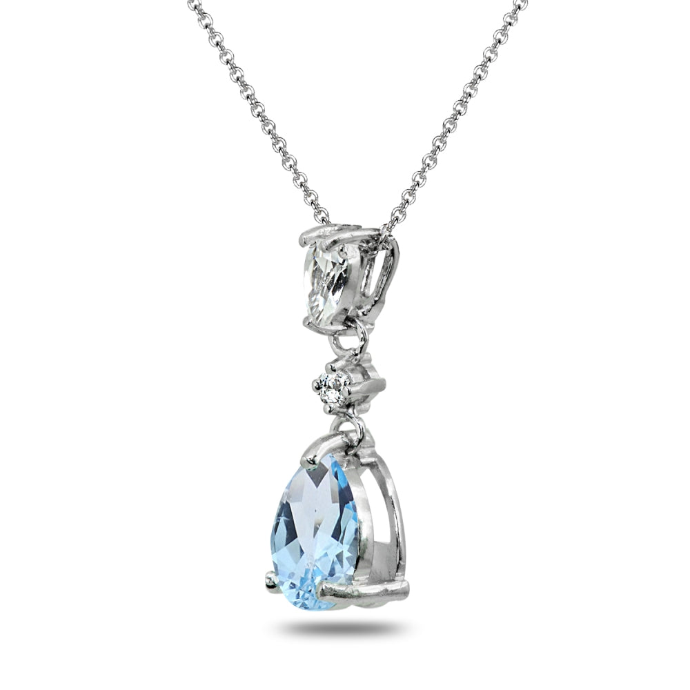 Sterling Silver Blue Topaz & White Topaz Teardrop Dangling Drop Pendant Necklace-2