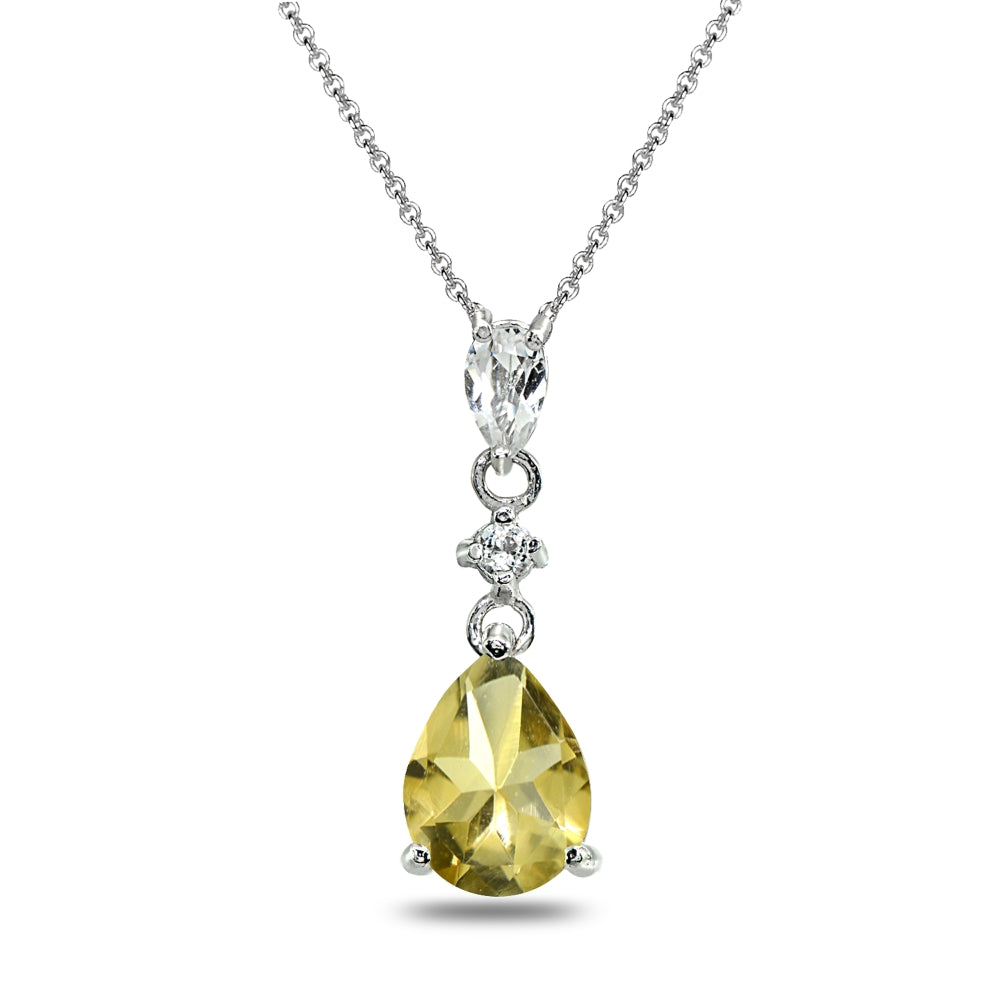 Sterling Silver Citrine & White Topaz Teardrop Dangling Drop Pendant Necklace